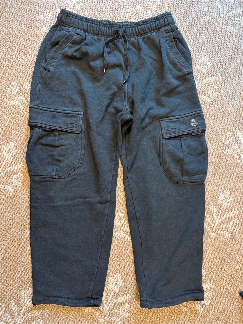 Ninth Hall Men's Black heavy Cargo Sweatpants with Drawstring Waist